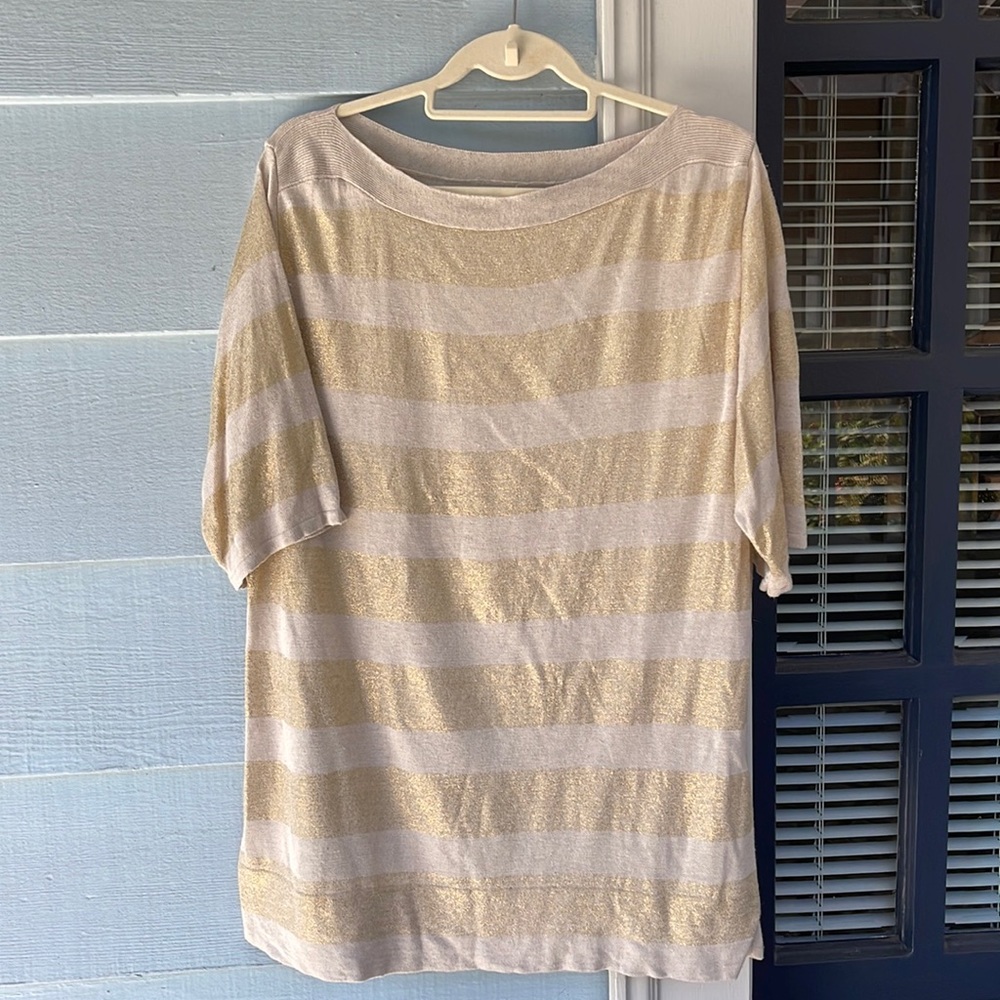 Chico’s Womens Cream Metallic Gold Striped Knit Tunic Sweater Size 3, US 16, XL